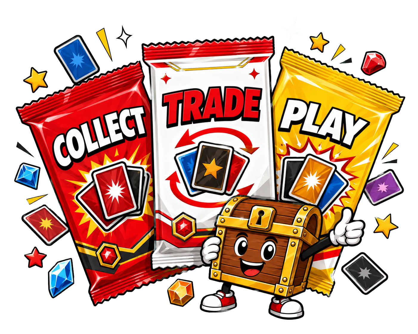 Collect, trade and play trading cards with the Captn Collects treasure chest mascot